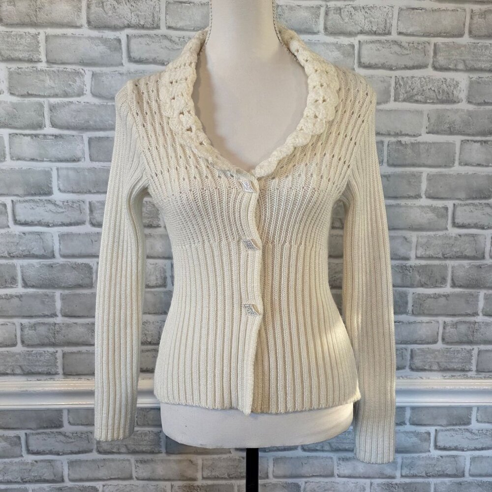 Vintage Knit Sweater Cardigan Glam Buttons Crochet Collar Cottage Granny Retro